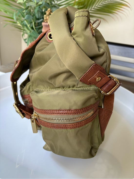 Tory Burch Olive Green Nylon Backpack with Brown Trim and Gold Hardware